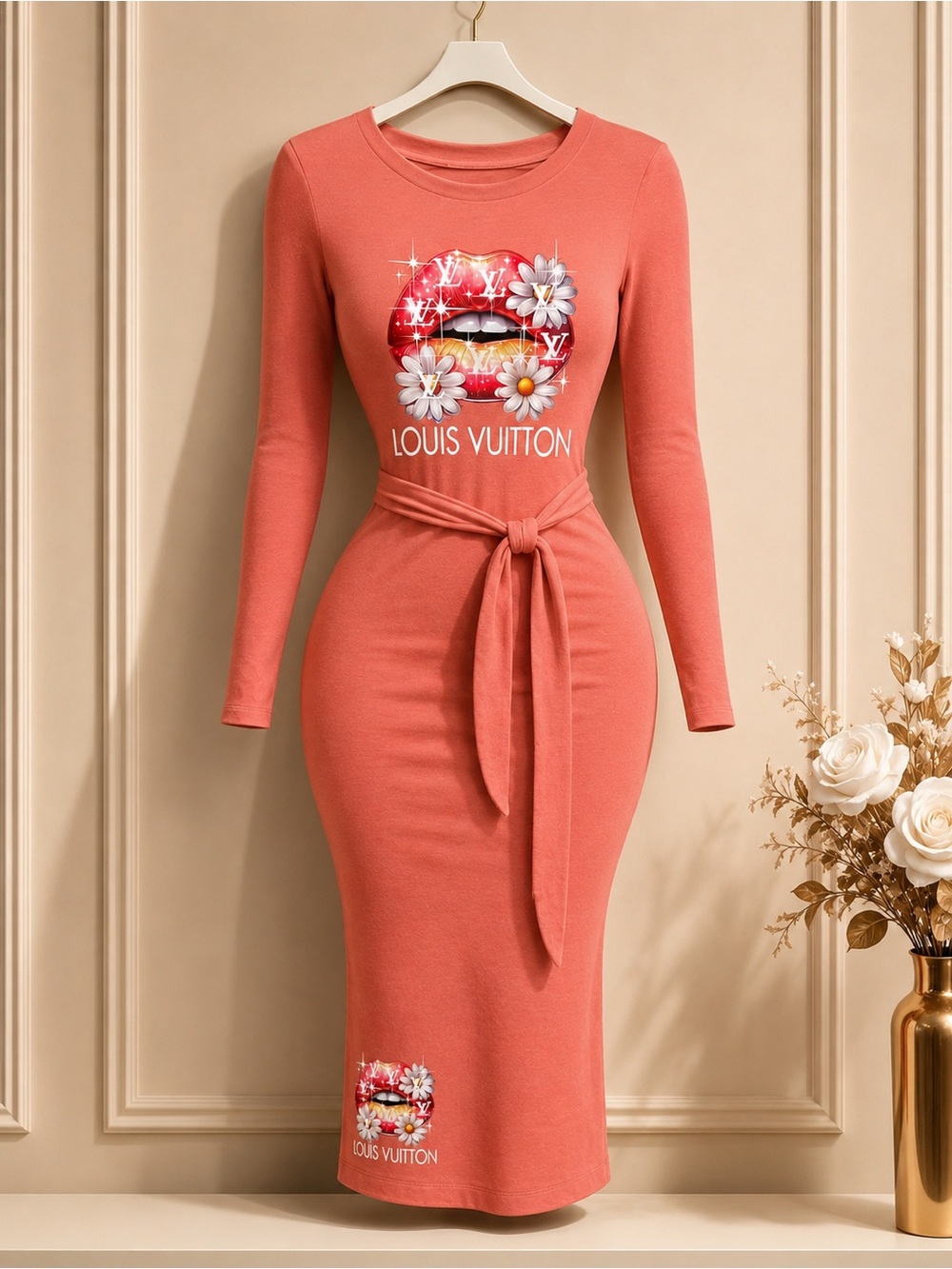 Coral-Pink Long Sleeve Sweater Maxi Dress with Tie